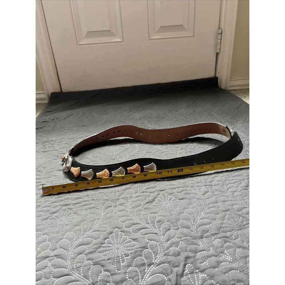 Streets Ahead VTG Silver & Rose Gold Medallion Black Leather Belt SZM/L RARE 42